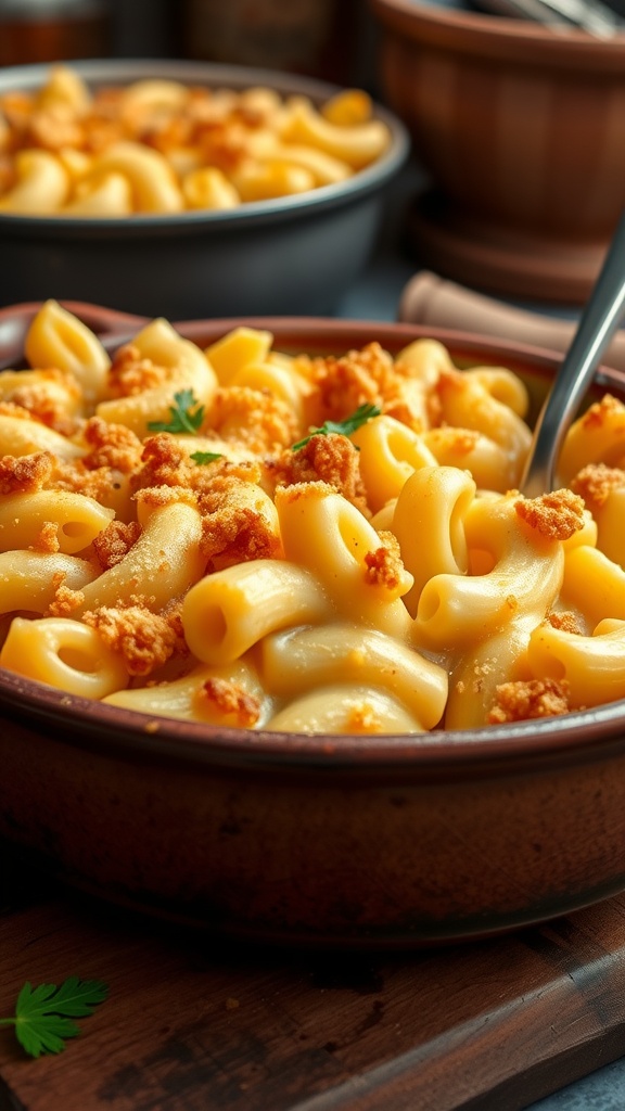 Easy Baked Mac and Cheese Recipe Baked mac and cheese with golden breadcrumbs and melted cheese, served in a rustic dish with parsley garnish.